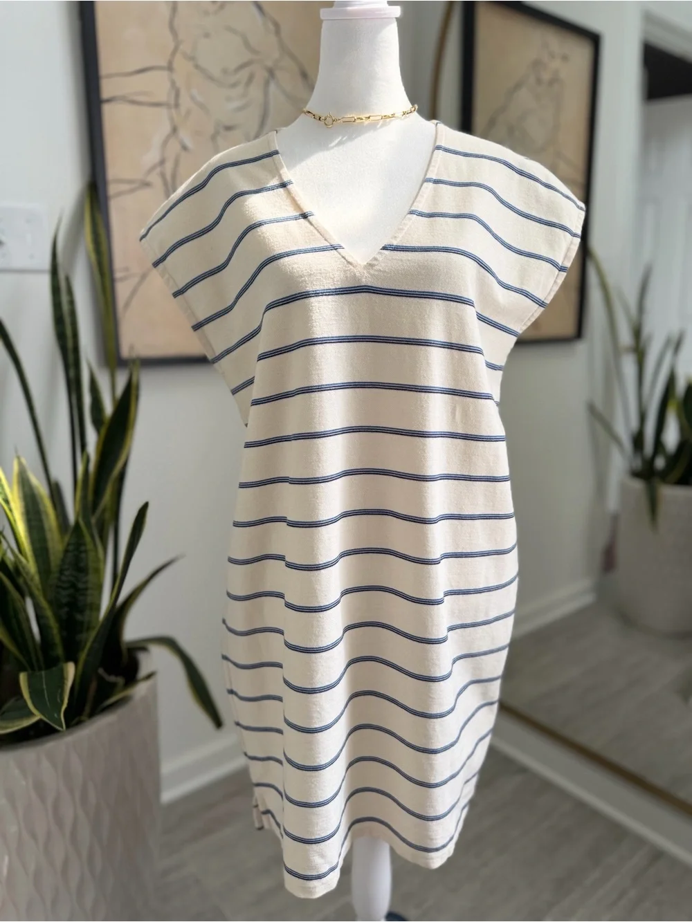 Madewell Womens M Striped Shift Dress Navy Ivory V Neck Sleeveless Coastal